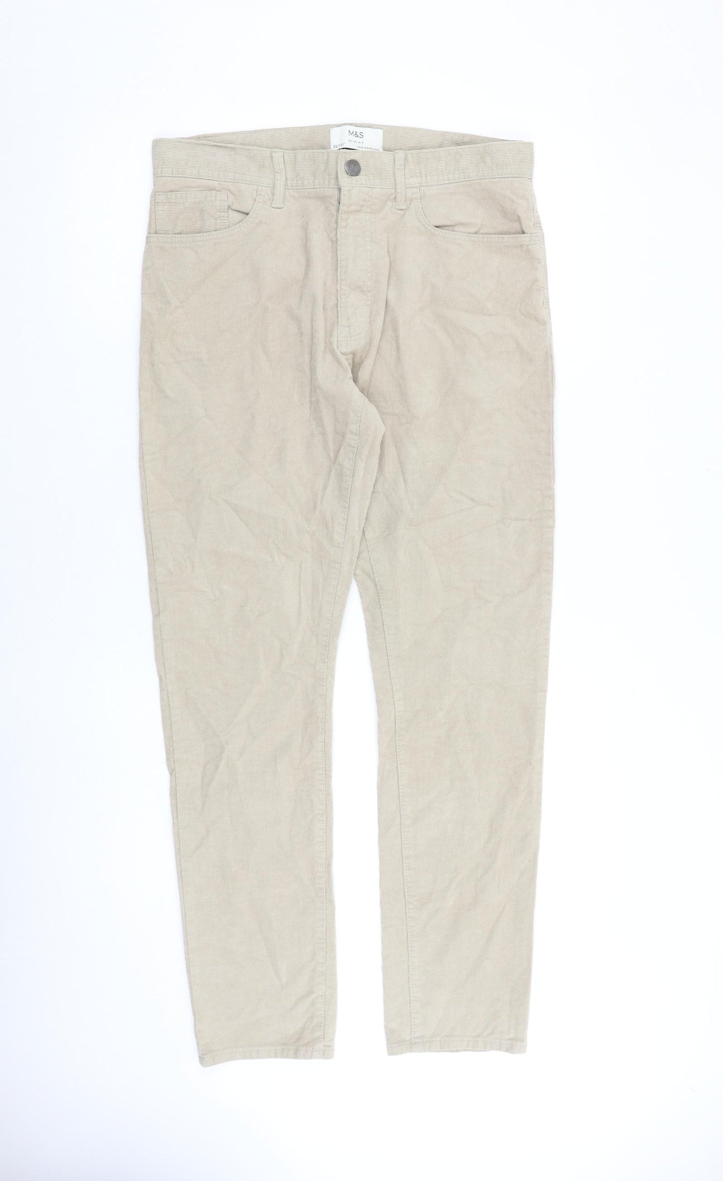 Marks and Spencer Mens Beige Cotton Trousers Size 32 in L31 in Slim Zip