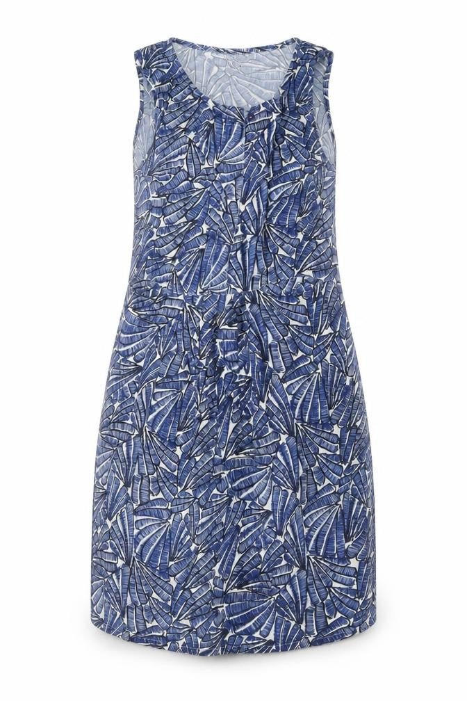 Front view of ICHI women’s blue geometric viscose tank dress, size UK 8, round neck pullover