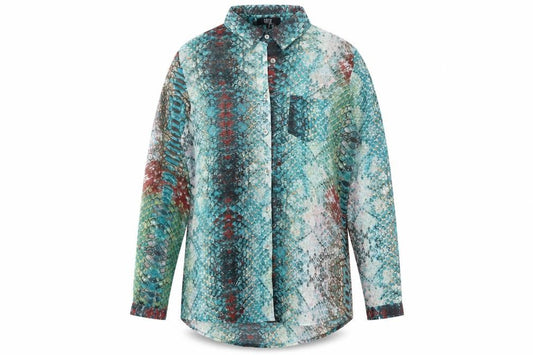 Front view of Goldie women’s multicoloured animal print polyester basic button-up, size S, collared - snake print