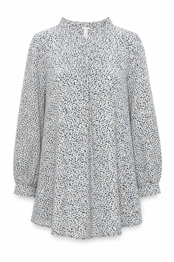 Front view of H&M women’s multicoloured geometric viscose trapeze & swing, size S, mock neck button