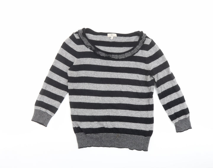 CC Womens Grey Round Neck Striped Cotton Pullover Jumper Size S