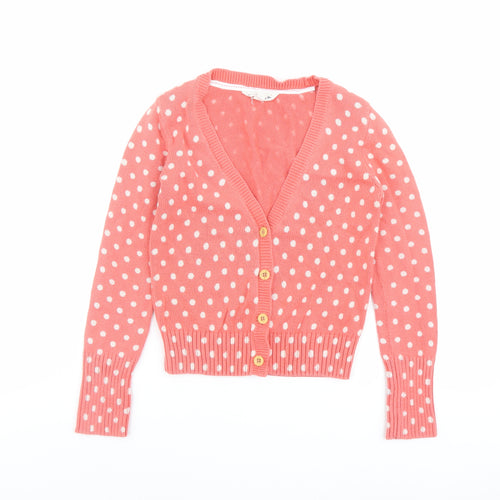 Fat Face Girls Orange V-Neck Polka Dot Cotton Cardigan Jumper Size 8-9 Years Button