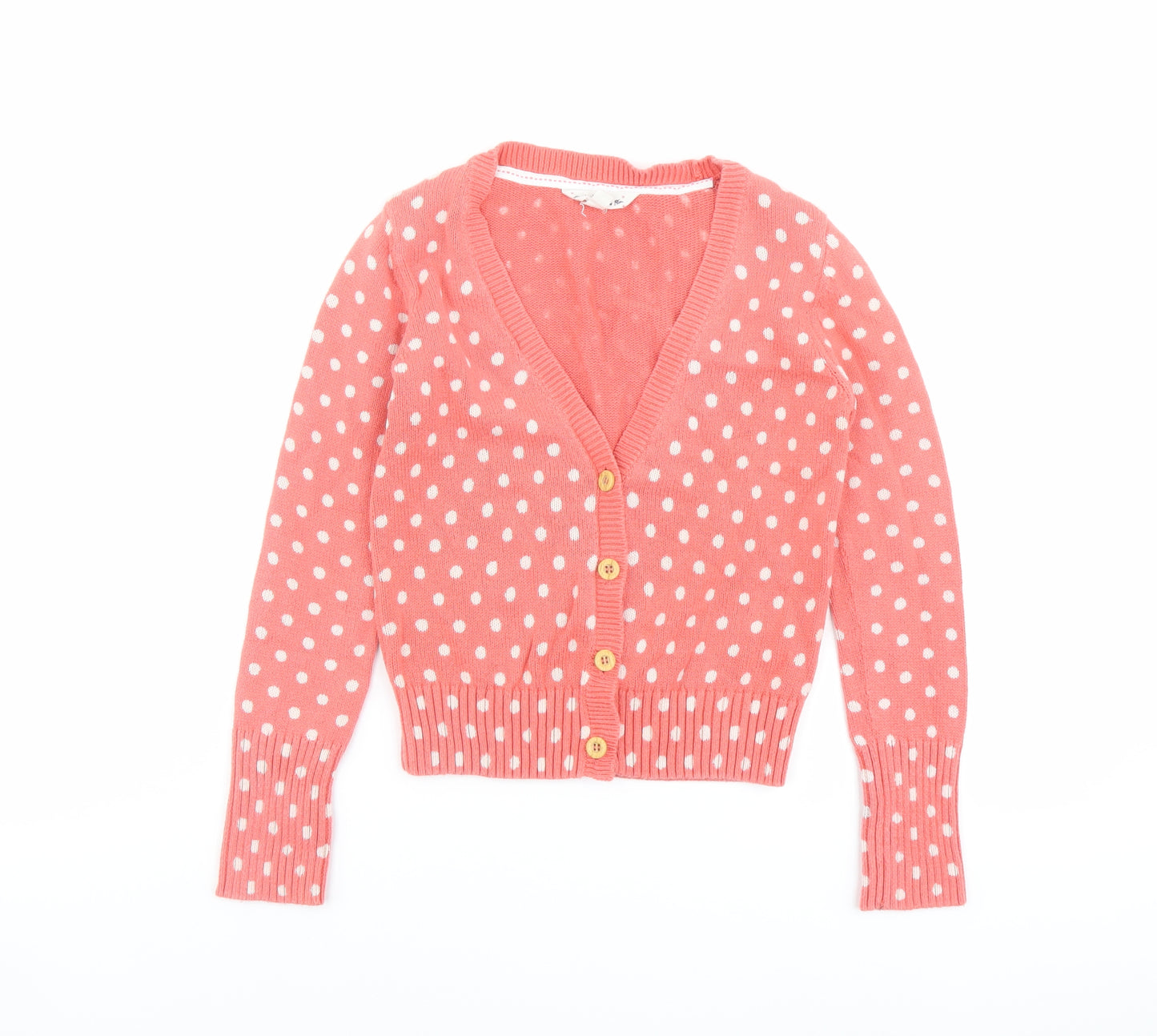 Fat Face Girls Orange V-Neck Polka Dot Cotton Cardigan Jumper Size 8-9 Years Button