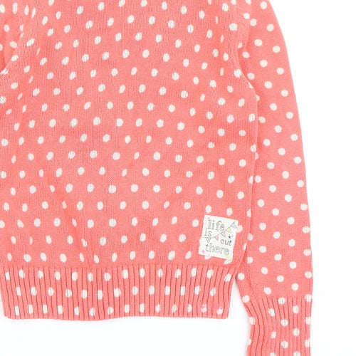 Fat Face Girls Orange V-Neck Polka Dot Cotton Cardigan Jumper Size 8-9 Years Button