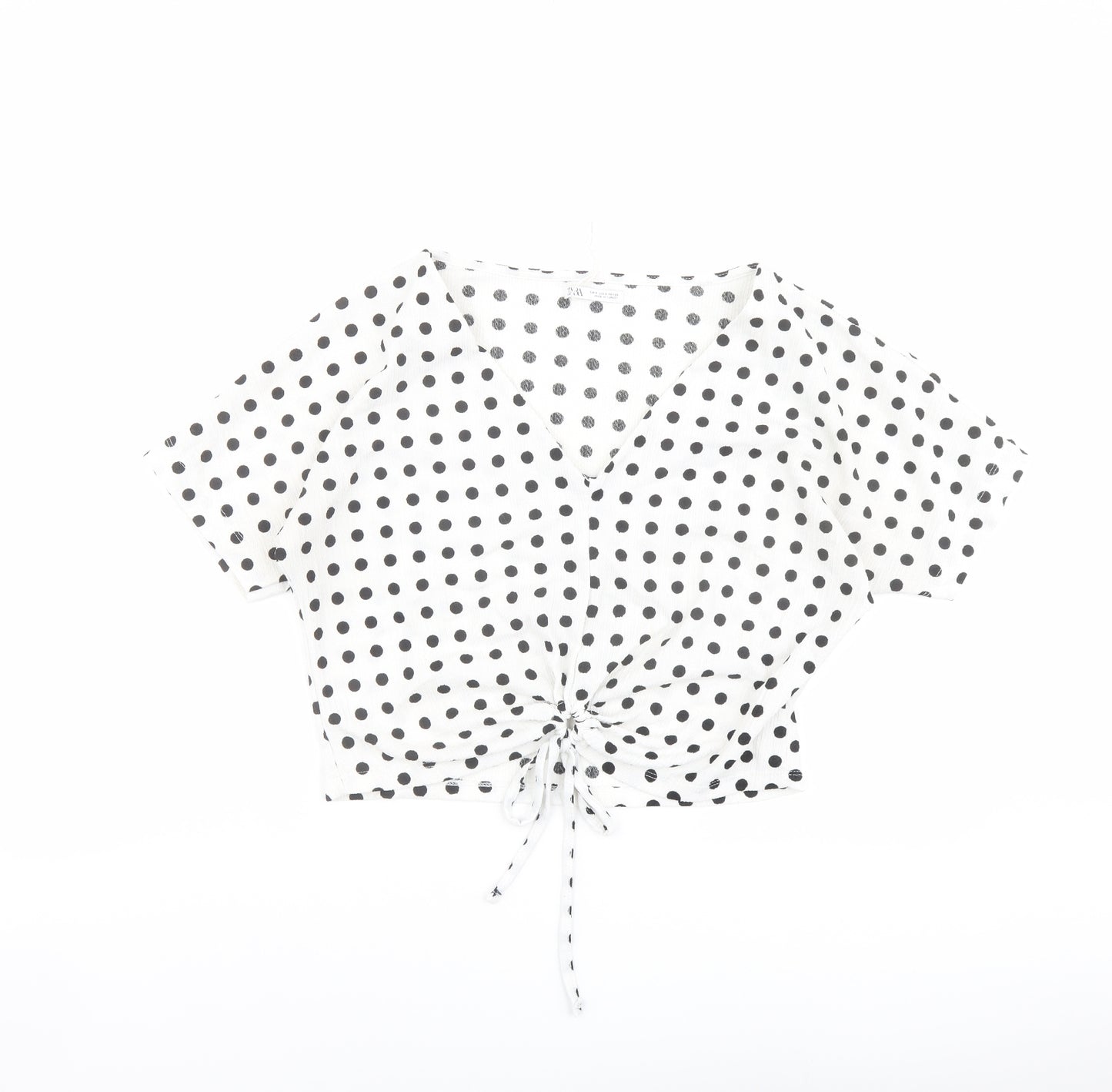 Zara Womens White Polka Dot Polyester Cropped Blouse Size S V-Neck