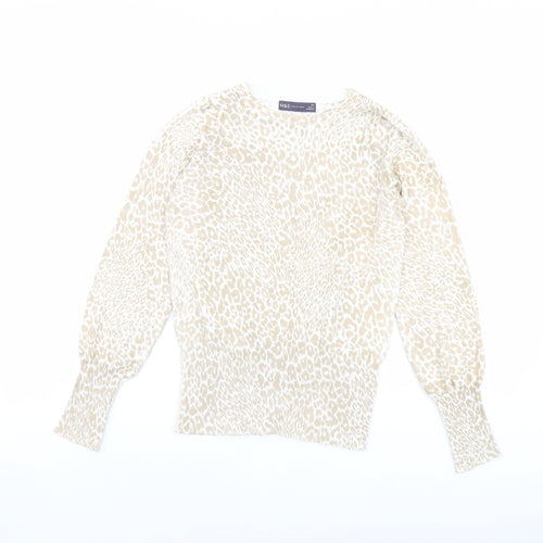 Marks and Spencer Womens Beige Boat Neck Animal Print Viscose Pullover Jumper Size XS - Leopard pattern