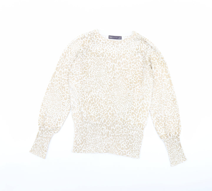 Marks and Spencer Womens Beige Boat Neck Animal Print Viscose Pullover Jumper Size XS - Leopard pattern