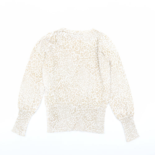 Marks and Spencer Womens Beige Boat Neck Animal Print Viscose Pullover Jumper Size XS - Leopard pattern