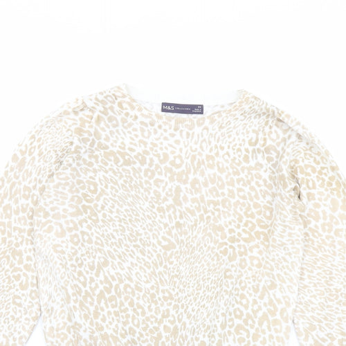 Marks and Spencer Womens Beige Boat Neck Animal Print Viscose Pullover Jumper Size XS - Leopard pattern
