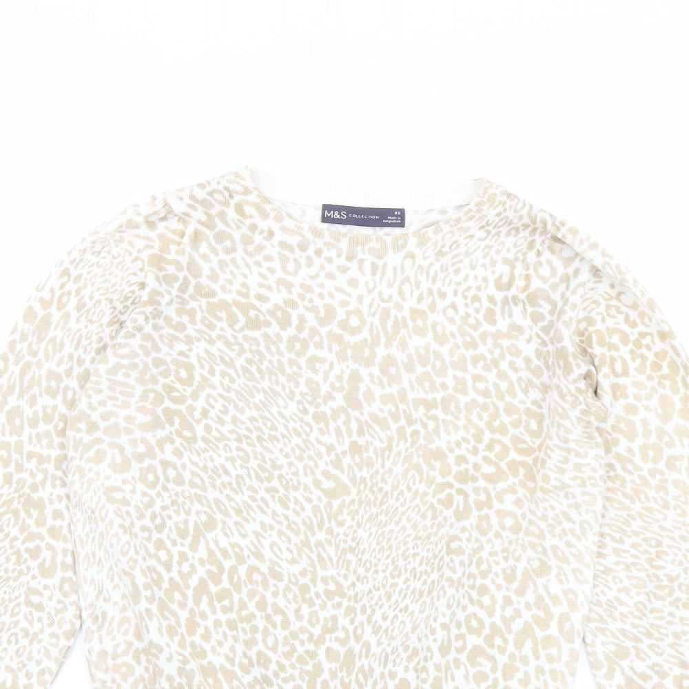 Marks and Spencer Womens Beige Boat Neck Animal Print Viscose Pullover Jumper Size XS - Leopard pattern