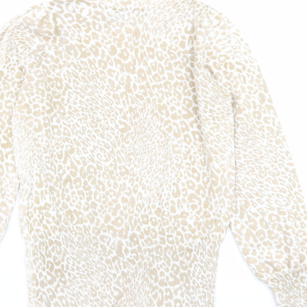 Marks and Spencer Womens Beige Boat Neck Animal Print Viscose Pullover Jumper Size XS - Leopard pattern