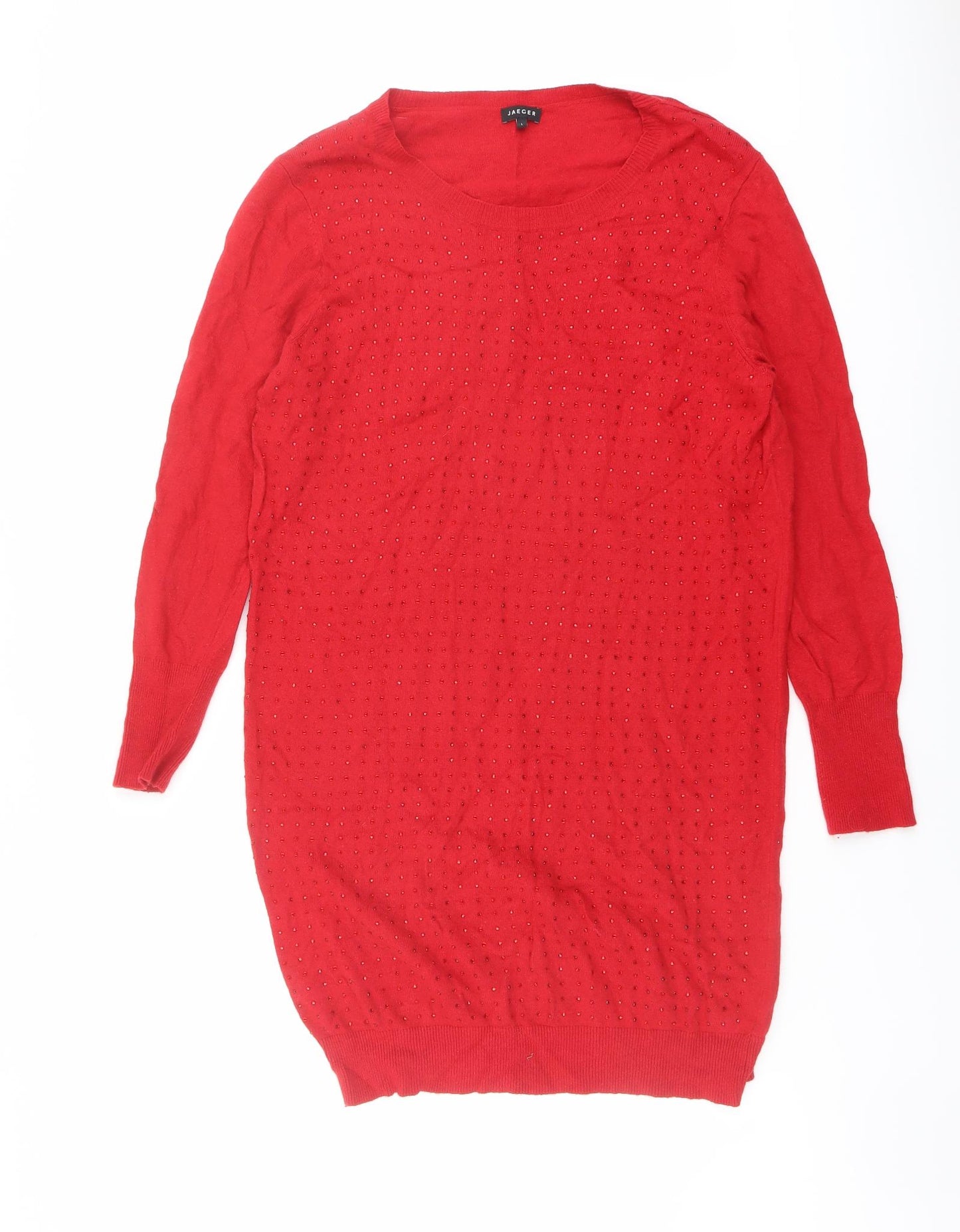 Jaeger Womens Red Acrylic Jumper Dress Size L Round Neck Pullover