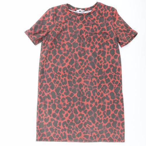 Zara Womens Red Animal Print Polyester Basic T-Shirt Size S Round Neck - Leopard Print