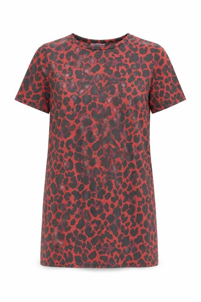 Front view of Zara women’s red animal print polyester basic t-shirt, size S, round neck - leopard print