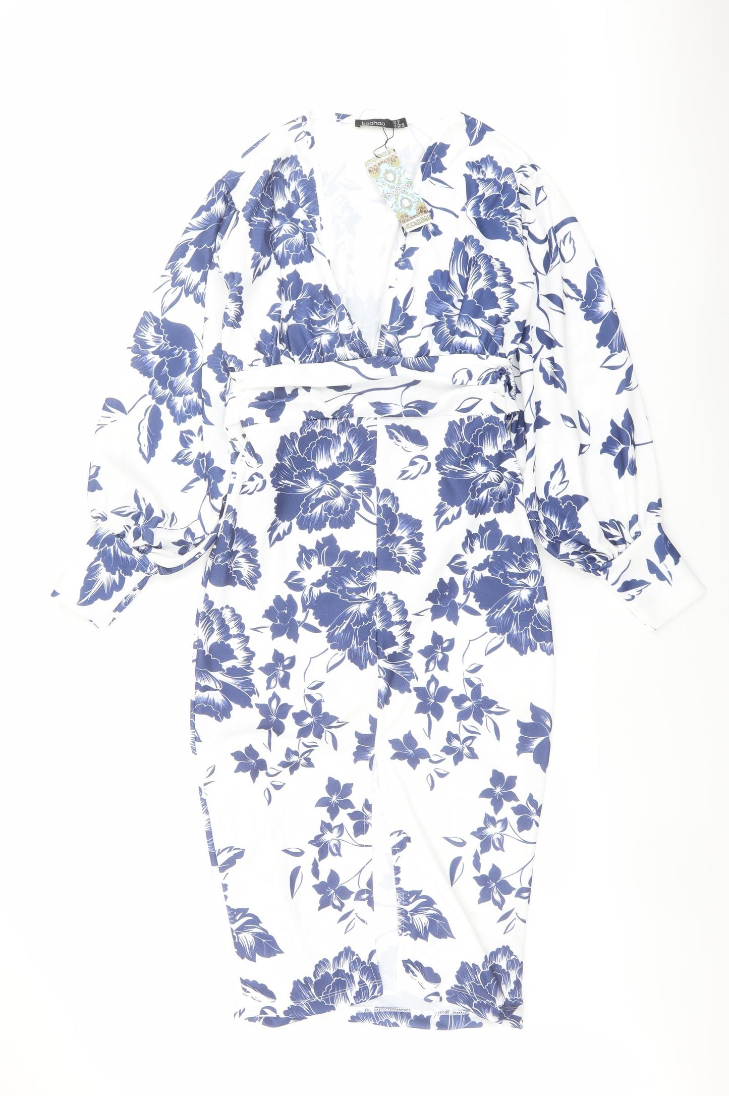 Boohoo Womens Blue Floral Polyester Bodycon Size 12 V-Neck Zip
