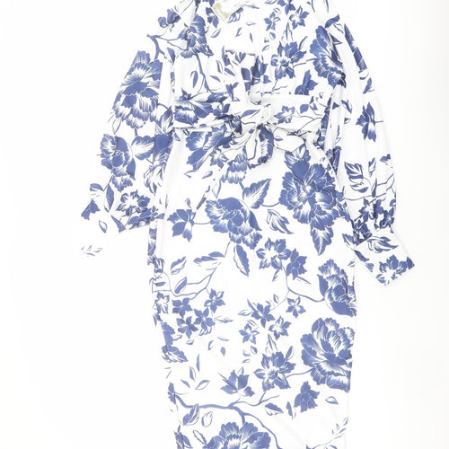 Boohoo Womens Blue Floral Polyester Bodycon Size 12 V-Neck Zip