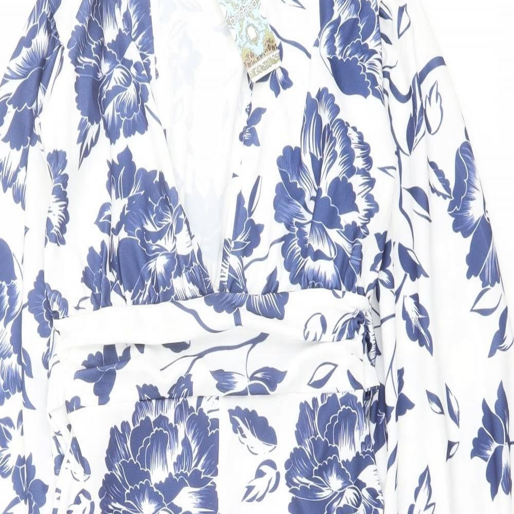 Boohoo Womens Blue Floral Polyester Bodycon Size 12 V-Neck Zip