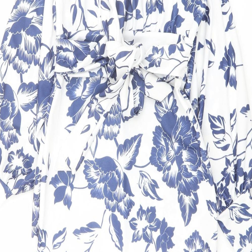 Boohoo Womens Blue Floral Polyester Bodycon Size 12 V-Neck Zip