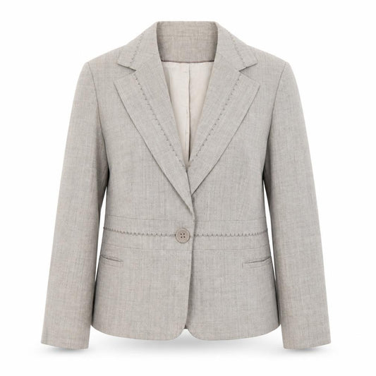 Front view of Marks & Spencer women’s beige polyester jacket blazer, size UK 16, - stitch detail
