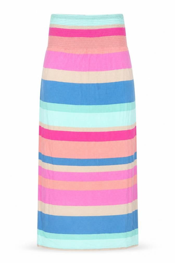 Front view of Warehouse women’s multicoloured striped viscose a-line, size M, off the shoulder pullover