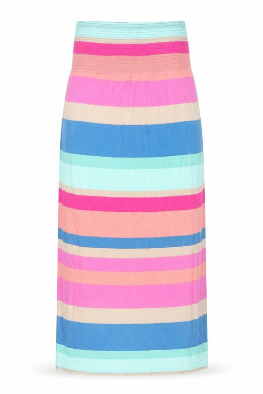 Front view of Warehouse women’s multicoloured striped viscose a-line, size M, off the shoulder pullover