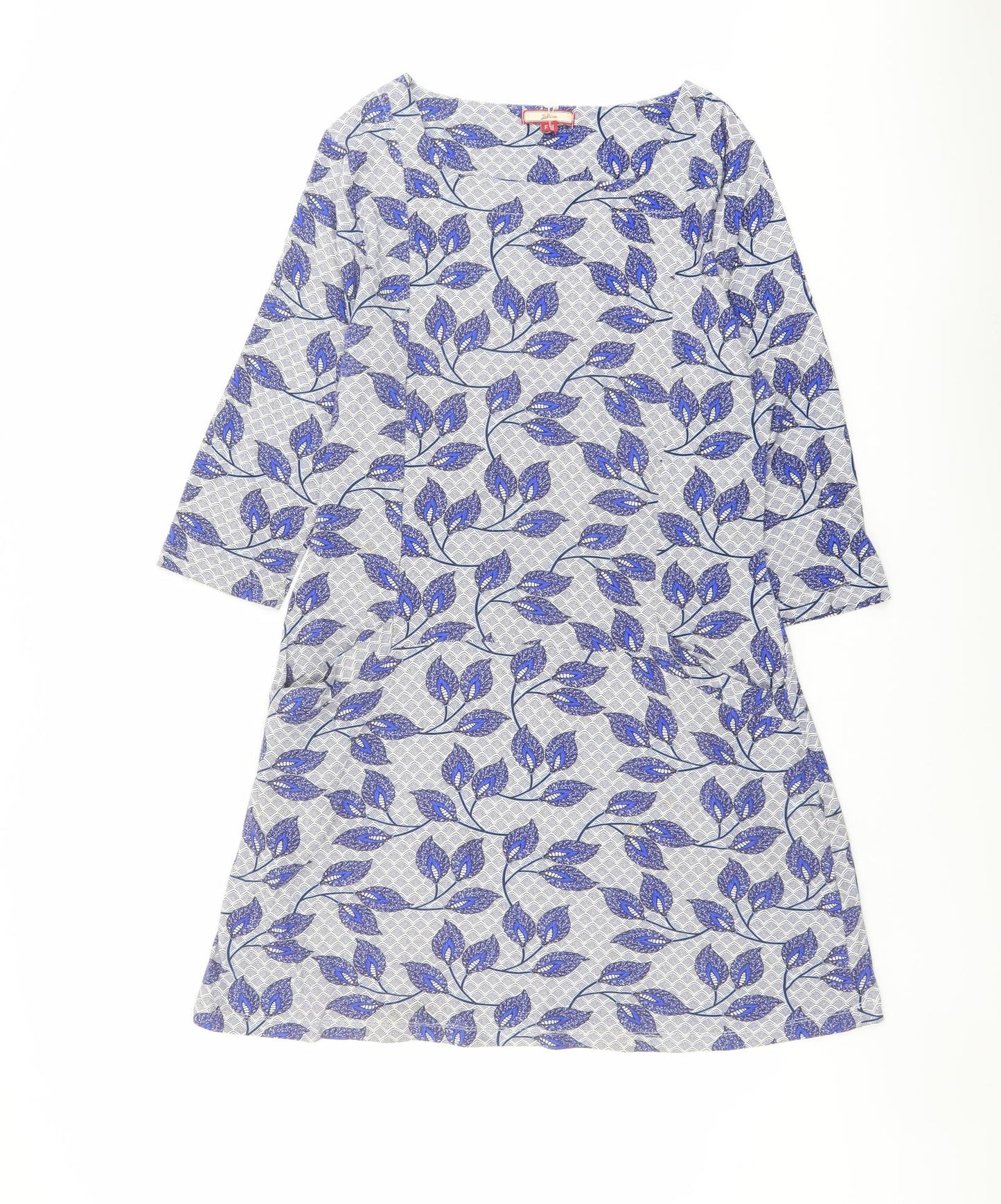 Joe Browns Womens Blue Geometric Viscose A-Line Size 12 Square Neck Pullover - Leaf pattern