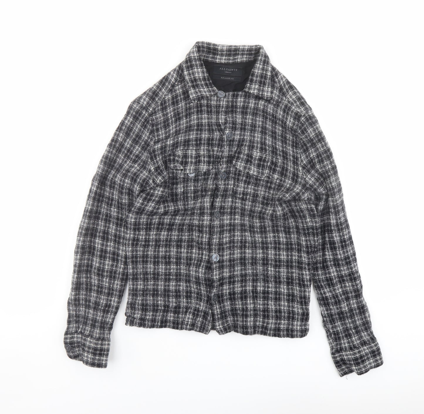 AllSaints Womens Grey Plaid Wool Basic Button-Up Size M Collared