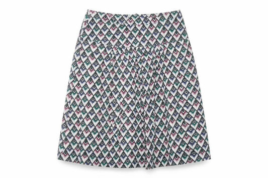Front view of GARDEUR women’s multicoloured geometric cotton a-line skirt, size UK 10, zip