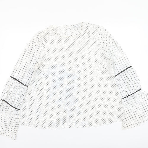 Warehouse Womens White Polka Dot Polyester Basic Blouse Size 12 Round Neck