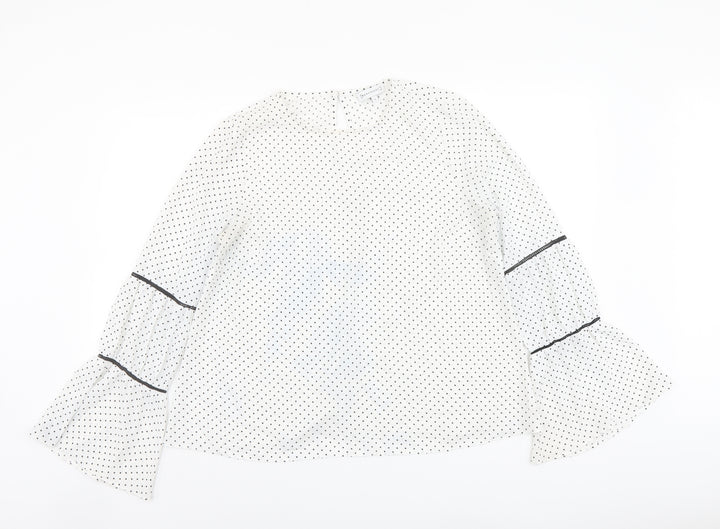Warehouse Womens White Polka Dot Polyester Basic Blouse Size 12 Round Neck