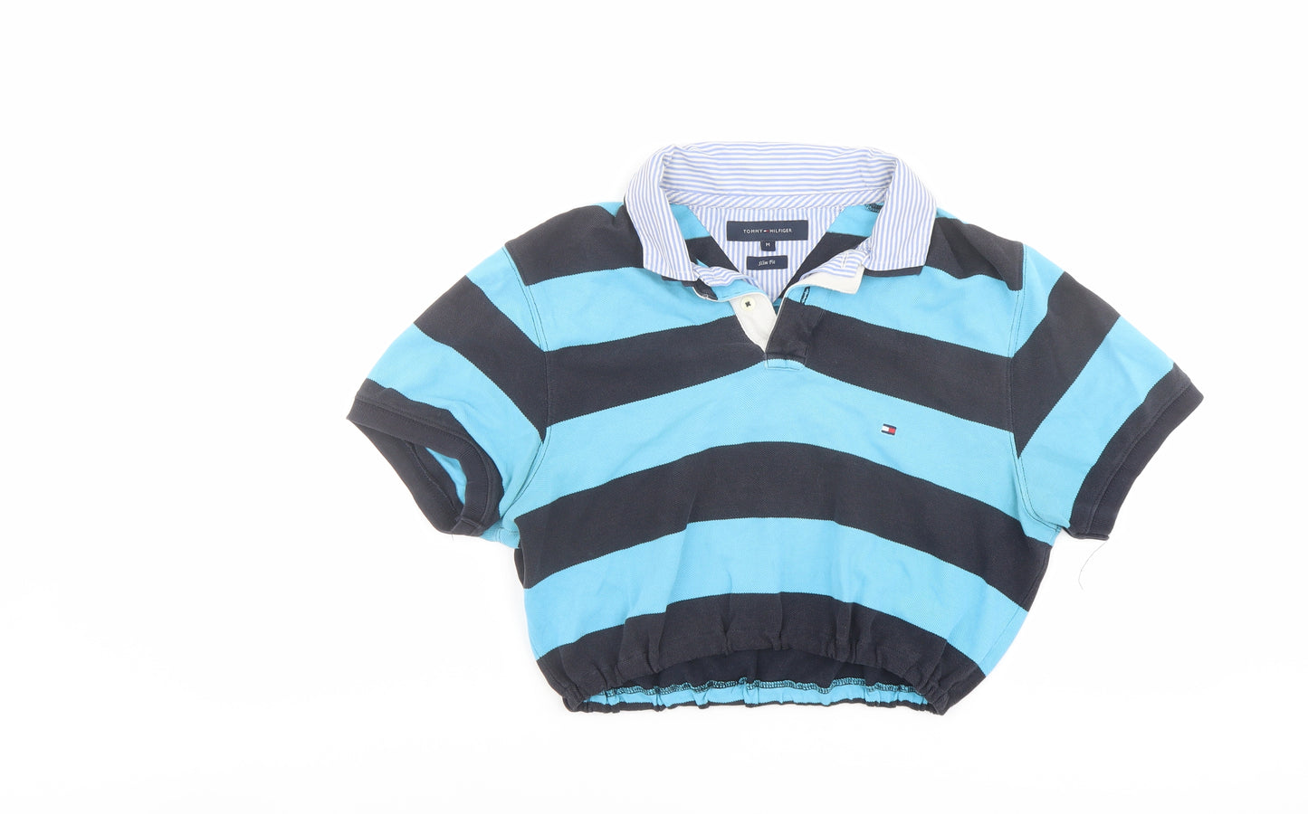 Tommy Hilfiger Womens Blue Striped Cotton Basic Polo Size M Collared - Customised