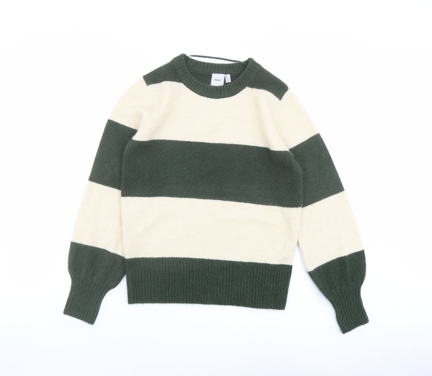 ICHI Womens Green Round Neck Striped Acrylic Pullover Jumper Size XS