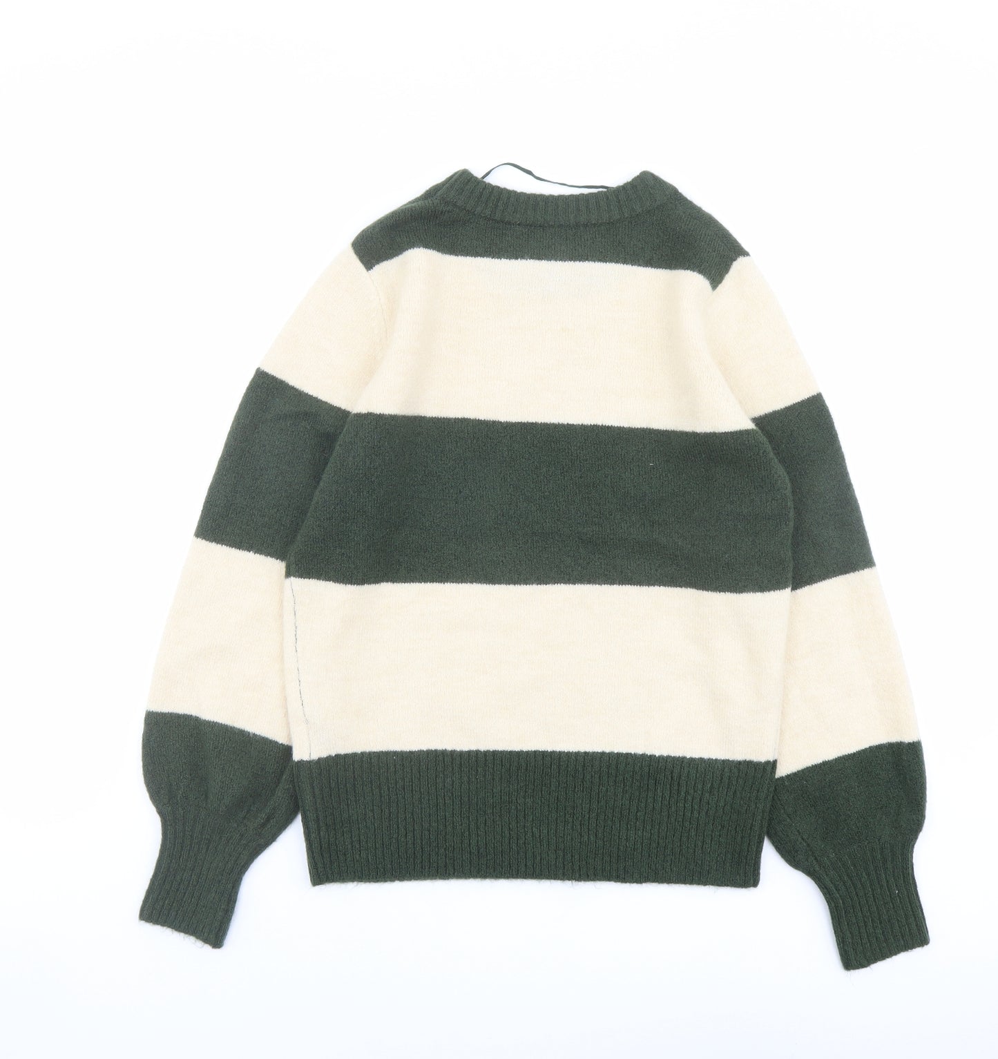 ICHI Womens Green Round Neck Striped Acrylic Pullover Jumper Size XS