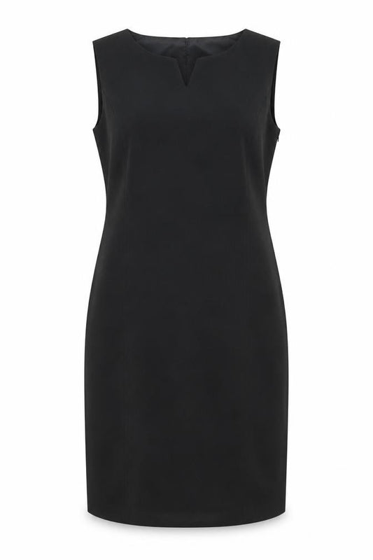 Front view of Elegance women’s black polyester shift, size UK 14, v-neck zip
