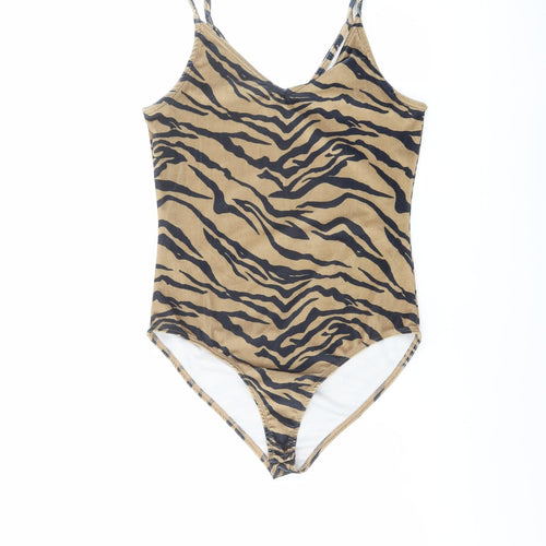 River Island Womens Brown Animal Print Polyester Bodysuit One-Piece Size 10 Snap - Tiger Pattern
