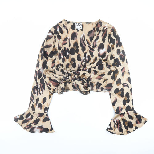 Lola May Womens Brown Animal Print Polyester Cropped Blouse Size 12 V-Neck - Leopard Print