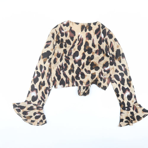 Lola May Womens Brown Animal Print Polyester Cropped Blouse Size 12 V-Neck - Leopard Print