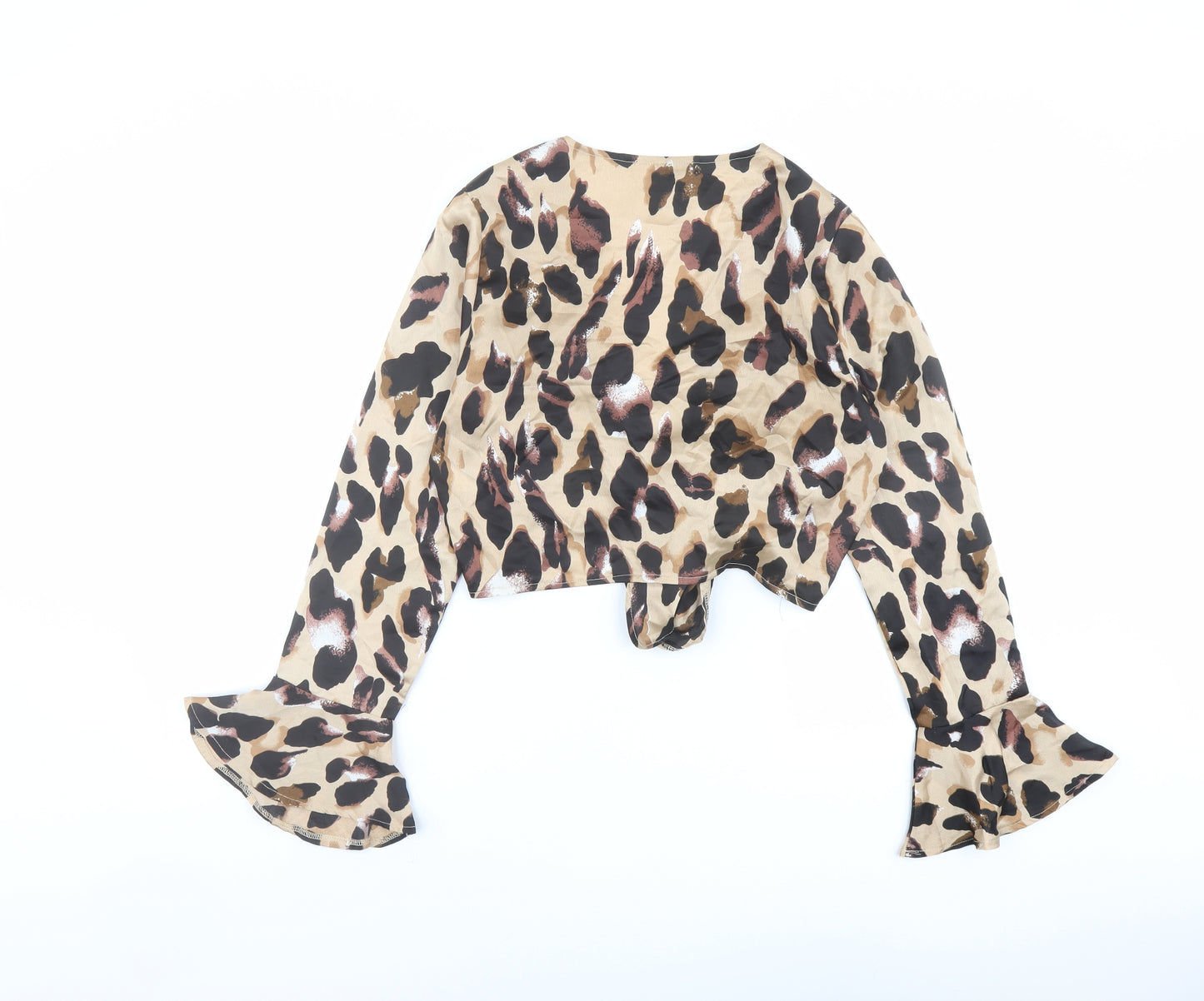 Lola May Womens Brown Animal Print Polyester Cropped Blouse Size 12 V-Neck - Leopard Print