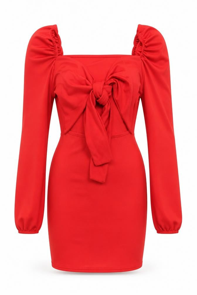 Front view of I SAW IT FIRST women’s red polyester mini, size UK 6, sweetheart pullover - tie front detail