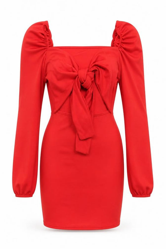 Front view of I SAW IT FIRST women’s red polyester mini, size UK 6, sweetheart pullover - tie front detail
