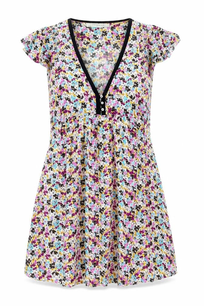 Front view of Zara women’s multicoloured floral viscose mini, size L, v-neck button