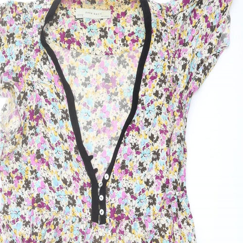 Zara Womens Multicoloured Floral Viscose Mini Size L V-Neck Button