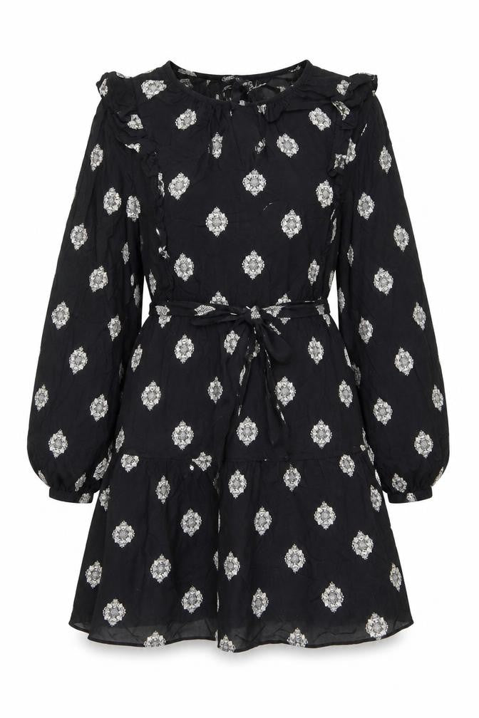 Front view of Marks & Spencer women’s black geometric polyester mini, size UK 12, round neck tie
