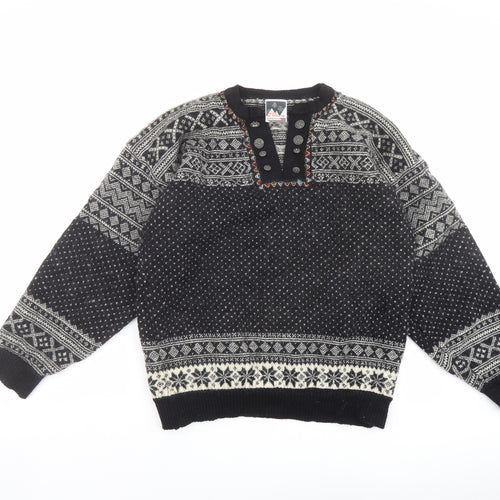 Dale of Norway Womens Black V-Neck Fair Isle Wool Pullover Jumper Size 2XL