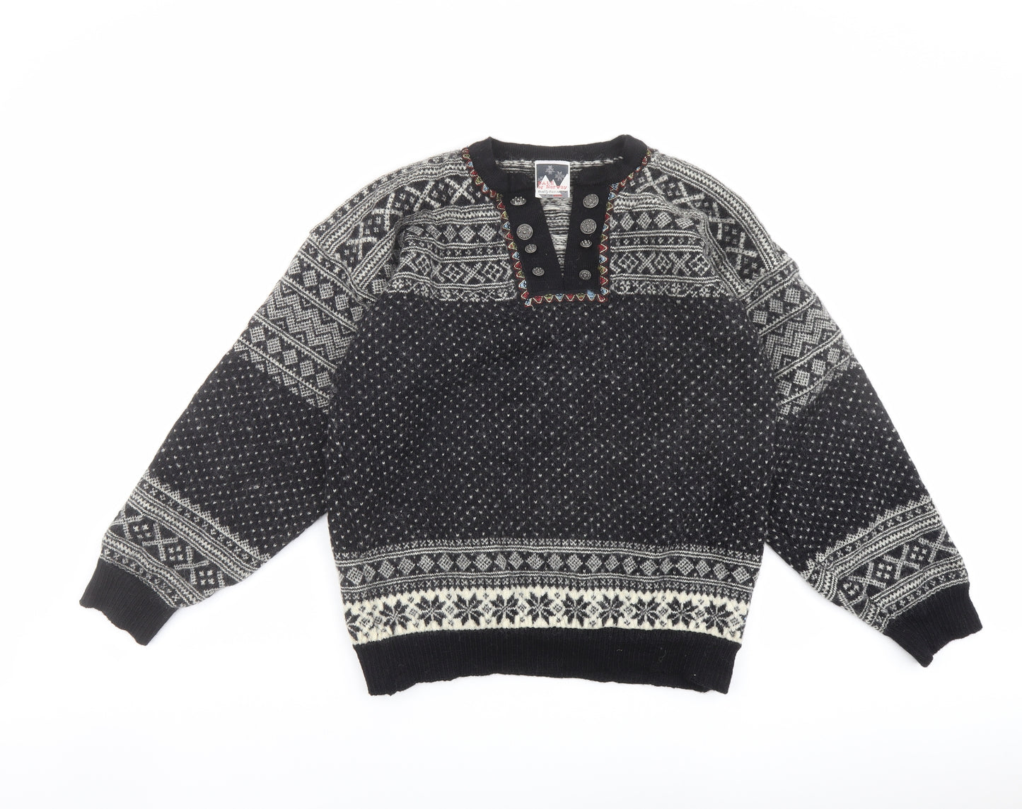 Dale of Norway Womens Black V-Neck Fair Isle Wool Pullover Jumper Size 2XL
