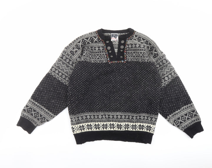 Dale of Norway Womens Black V-Neck Fair Isle Wool Pullover Jumper Size 2XL