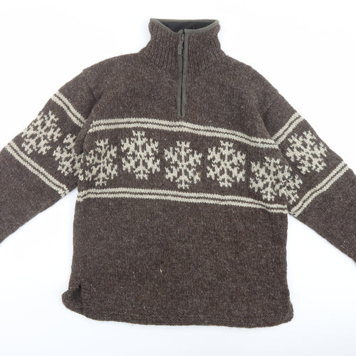 Pachamama Mens Brown High Neck Fair Isle Wool Henley Jumper Size M Long Sleeve