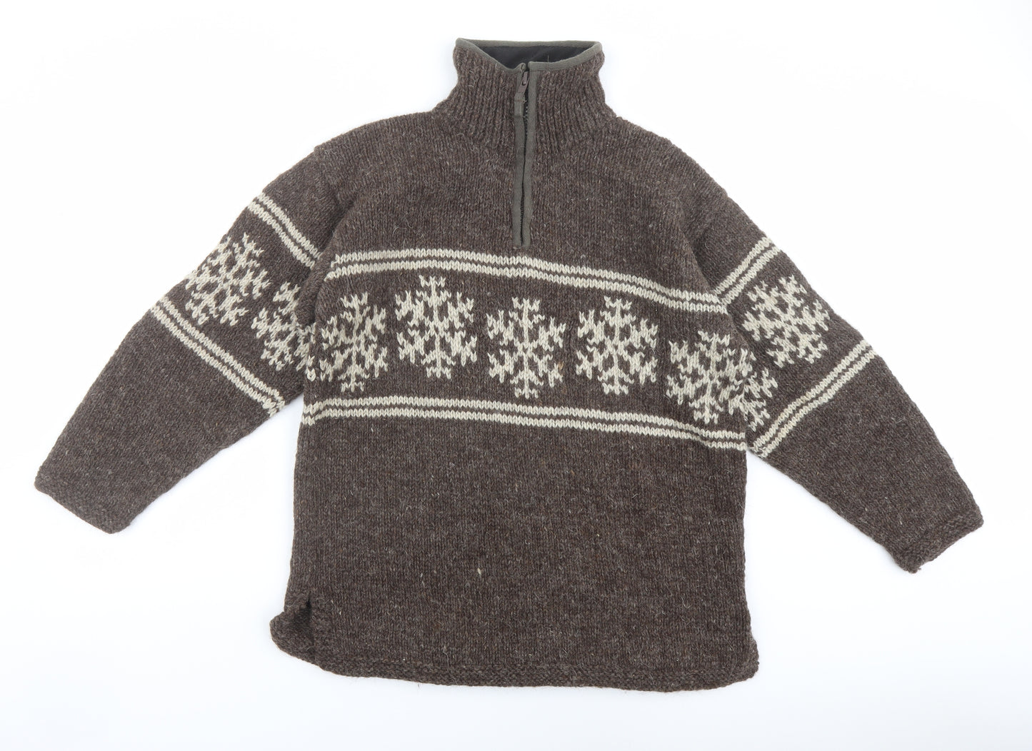 Pachamama Mens Brown High Neck Fair Isle Wool Henley Jumper Size M Long Sleeve