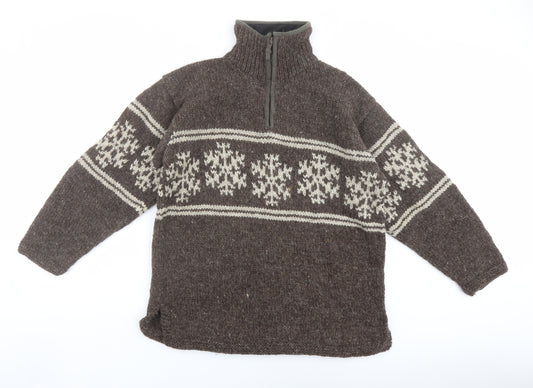 Pachamama Mens Brown High Neck Fair Isle Wool Henley Jumper Size M Long Sleeve