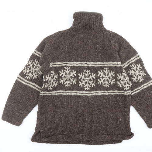 Pachamama Mens Brown High Neck Fair Isle Wool Henley Jumper Size M Long Sleeve